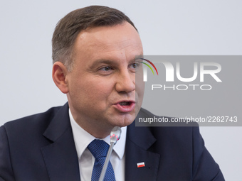President of Poland Andrzej Duda during a press conference after the meeting of heads of state of the Visegrad Group (V4) countries in Szeks...