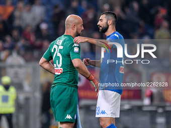 Pepe Reina of Napoli and Ral Albiol of Napoli celebrate the vicotry during the Serie A match between Roma and Napoli at Olympic Stadium, Rom...