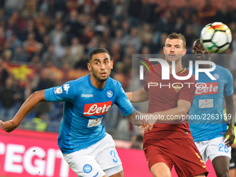 Faouzi Ghoulam, Edin Dzeko during the Italian Serie A football match between A.S. Roma and S.S.C. Napoli at the Olympic Stadium in Rome, on...