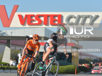 Shane Archbold from Bora-Hansgrohe Team and Jonas Koch from CCC Sprandi Polkowice Team in action at the Vestel City Gate during the fifth st...