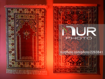 Traditional Turkish carpets are seen on the closing day of the Ornamental DNA Exhibition in Ankara, Turkey on October 15, 2017. The exhibiti...