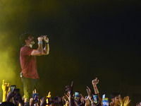 Indian bollywood actor and singer Farhan Akhtar performs during a live concert in Indian Institute of Information Technology , in Allahabad...