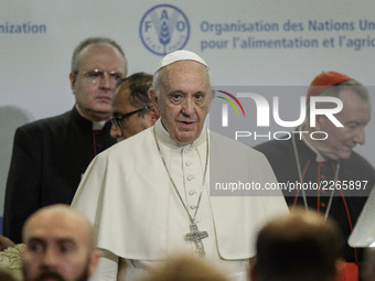 Pope Francis attends the World Food Day at the United Nations Food and Agriculture Organization (FAO) Headquarter in Rome, Italy on October...