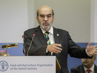 Jose Graziano Da Silva, FAO Director-General, delivers his speech during the visit of Pope Francis on the occasion of the World Food Day at...