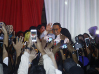 New Governor of Jakarta, Anies Baswedan greet the peoples after handover ceremony and give his first political speech at City Hall Jakarta o...