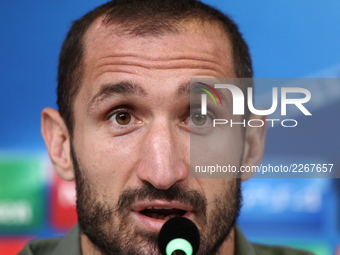 Giorgio Chiellini (Juventus FC) during the Juventus FC press conference on the eve of the UEFA Champions League (Group D) match between Juve...