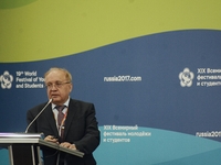 The rector of Lomonosov Moscow State University, Victor Sadovnichiy, during the conference with participants if WFYS 2017. The rector of Lom...