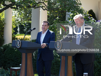 (L-R), Prime Minister Alexis Tsipras of Greece, and U.S. President Donald Trump, held a joint press conference in the Rose Garden of the Whi...