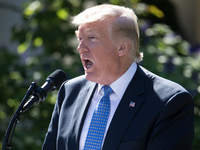 U.S. President Donald Trump speaks, at his joint press conference with, Prime Minister Alexis Tsipras of Greece, in the Rose Garden of the W...