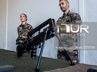 Members of the mobile gendarmerie display their intervention equipment, in Lyon, France, on October 18, 2017 during the Citizens' Defense Da...