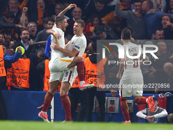 Edin D?eko of Roma celebrates with Aleksandar Kolarov of Roma
during UEFA Champions League Group C MATCH 3 match between Chelsea  against AS...