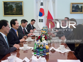 Speaker of the National Assembly of South Korea Chung Sye-kyun meet with President of Poland Andrzej Duda at Belweder Palace in Warsaw, Pola...