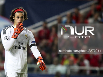 Benfica's goalkeeper Mile Svilar reacts during the Champions League  football match between SL Benfica and Manchester United at Luz  Stadium...