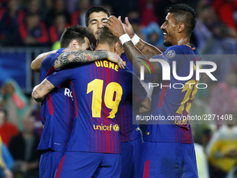Lucas Digne goal celebration during Champions League match between FC Barcelona v Olympiakos FC , in Barcelona, on October 18, 2017. (