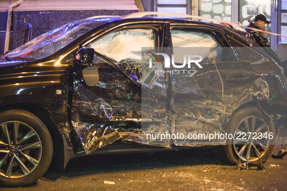 ***GRAPHIC CONTENT*** A car that hit a pedestrian during a violent car accident in Kharkov, Ukraine on 18 October 2017 night. Five people di...