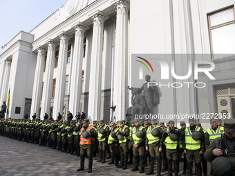Police and national guard secure an area around the Ukrainian parliament building during a rally of opposition protesters in Kyiv, Ukraine O...