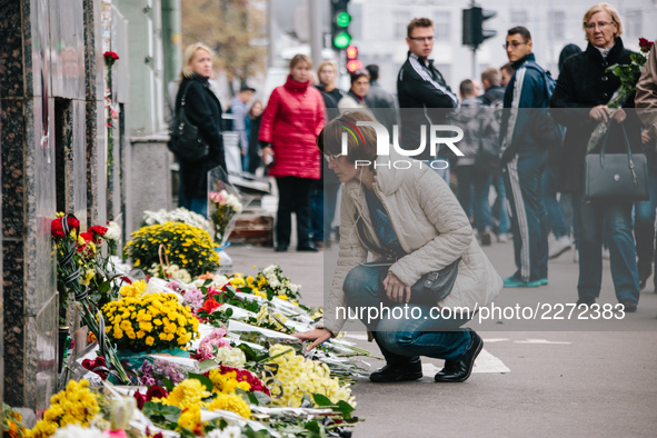 People at the improvised memorial in Kharkov, Ukraine on 19 October 2017 after a violent car accident on 18 October 2017 night. Five people...