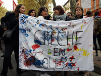women hold a banner reading 'Angered childcare centre'. Nearly 3000 protesters took to the streets of Toulouse, France, on October 19th 2017...