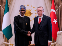 Turkish President Recep Tayyip Erdogan (R) shaking hands with Nigerian President Muhammadu Buhari during a meeting at the presidential palac...