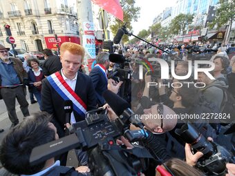 French La France Insoumise (LFI) leftist party members of parliament Adrien Quatennens (L) and Alexis Corbiere (R) take part in a demonstrat...