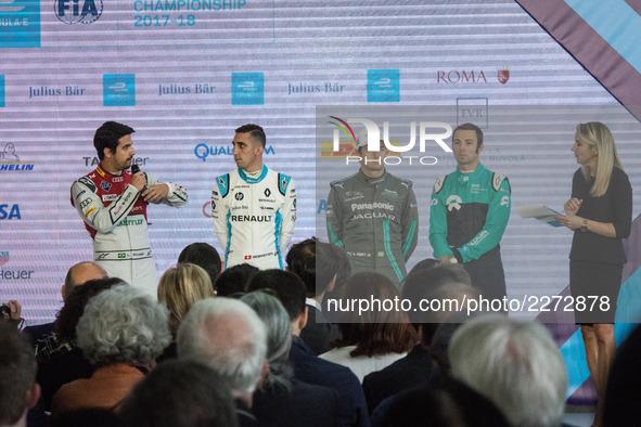 (From L to R) Lucas Di Grassi, Sebastien Buemi, Nelson Piquet Jr. and Luca Filippi attend a press conference in Rome, Italy on October 19, 2...