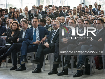 Ruth Durghello, Marcello De Vito, Alfonso Bonafede, Luigi Di Maio, Luca Bergamo attend a press conference in Rome, Italy on October 19, 2017...
