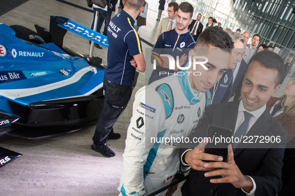 Lugi Di Maio (R) and , Sebastien Buemi (L) take a photo during a Formula E racing car press conference in Rome, Italy on October 19, 2017. R...
