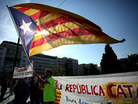 Greek leftists demonstrate in support to Catalonia’s independence from Spain in Athens, Greece, October 21, 2017. Protesters marched to the...