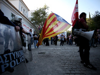 Greek leftists demonstrate in support to Catalonia’s independence from Spain in Athens, Greece, October 21, 2017. Protesters marched to the...