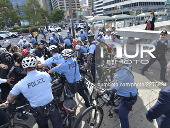 Police brutality protest turns violent when officers of the Philadelphia Police Dept clash with protestors, in Center City Philadelphia, PA,...