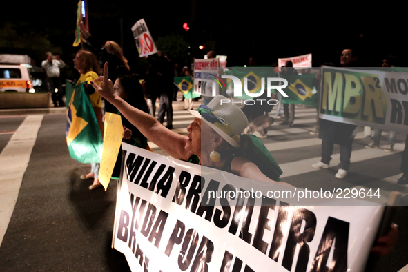 Right-wing Brazilian nationalists hold a protest in the Paulista Avenue against the President Dilma Rousseff, who is running for president f...