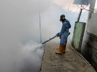 A health worker fumigation densely populated areas to prevent the spread of Aedes aegypti, in an attempt to control dengue fever at a neighb...