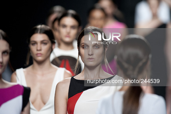 Model parades a design Juanjo Oliva  ,first day of the 60th Mercedes-Benz FashionWeek Madrid (MBFWM) in Madrid,  Spain, 12 September 2014. M...