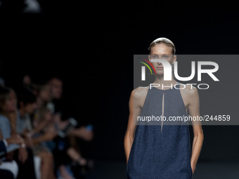 Model parades a design Angel Schlesser  ,first day of the 60th Mercedes-Benz FashionWeek Madrid (MBFWM) in Madrid, Spain, 12 September 2014....