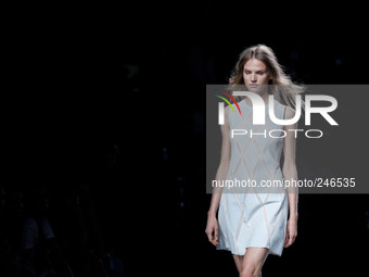A model showcases designs by Teresa Helbig on the runway at Teresa Helbig fashion show during Mercedes Benz Fashion Week Madrid Spring/Summe...