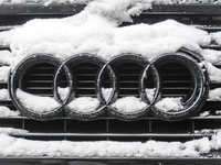 Snowflakes are seen on the badge of a Audi car in Warsaw, Poland February 8, 2018. (