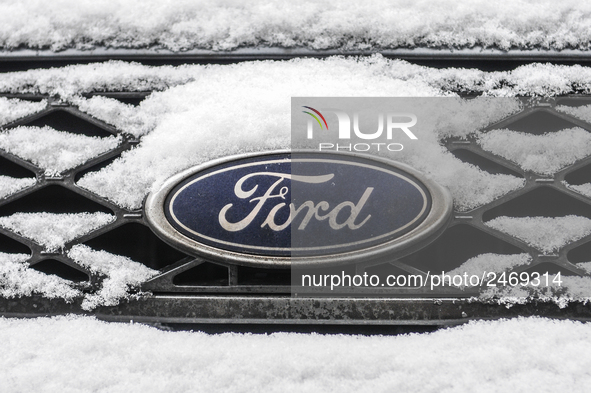Snowflakes are seen on the badge of a Ford car in Warsaw, Poland February 8, 2018. 