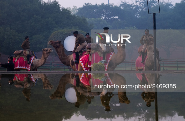 India's Border Security Force Camel Contingent soldiers prepare for the Republic Day parade rehearsals on a winter morning in New Delhi. 13t...