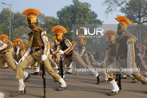 Indo-Tibetan Border Police (ITBP) practice stretching excercises while rehearsing for the upcoming  69th Republic Day Parade in New Delhi on...