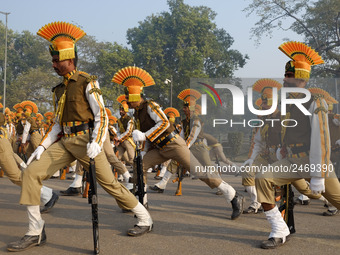Indo-Tibetan Border Police (ITBP) practice stretching excercises while rehearsing for the upcoming  69th Republic Day Parade in New Delhi on...