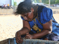 Tamil fisherman's wife attaches fishing line to hooks and baits them with squid in Point Pedro, Jaffna, Sri Lanka.  (