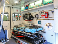New Mercedes Sprinter ambulance interior with rescue stretcher and defibrillator is seen in Gdynia, Poland on 21 February 2018 
New Mercedes...