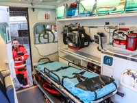 New Mercedes Sprinter ambulance interior with rescue stretcher, defibrillator and other medical equipment is seen in Gdynia, Poland on 21 Fe...