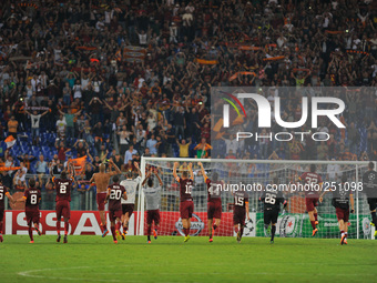 Exult Roma players during the UEFA Champions League group E football match AS Roma vs CSKA Moskova at Rome's Olympic Stadium on September 17...