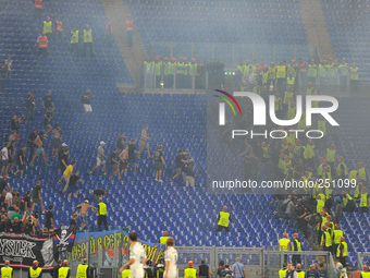 Clashes in the stands during the UEFA Champions League group E football match AS Roma vs CSKA Moskova at Rome's Olympic Stadium on September...