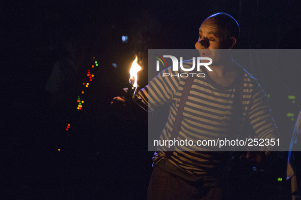 London, UK. 18 September 2014. Pictured: Alex Frith. AirCraft Circus presents Twilight Circus at Canary Wharf's Spiegeltent. The group AirCr...