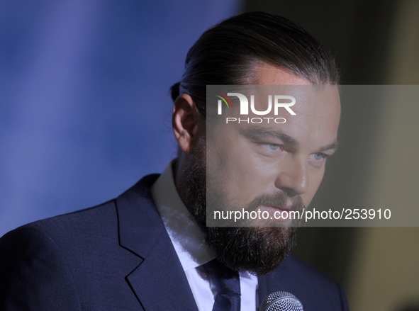 Leonardo DiCaprio attend a ceremony ahead of climate march at the UN headquarters in New York, United States on September 20, 2014. The Holl...