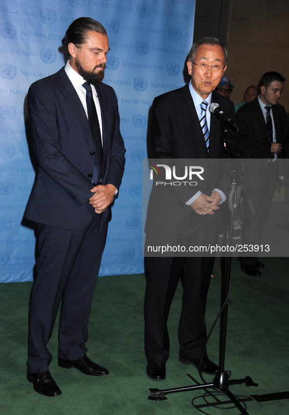 Ban Ki Moon, Leonardo DiCaprio attend a ceremony ahead of climate march at the UN headquarters in New York, United States on September 20, 2...