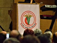 The logo of the Turkish Medical Association (TTB) is seen as Turkish doctors and members of the TTB mark Turkey's National Doctors' Day in A...