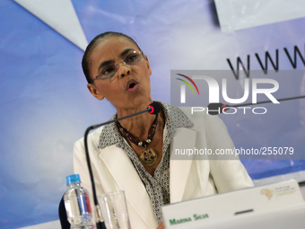Marina Silva, presidential candidate of the Brazilian Socialist Party (PSB), speaks in a debate about internet during her campaign in Sao Pa...